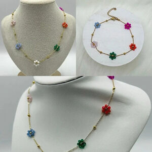 Spring Theme Flower Beaded Necklace & Bracelet Duo
